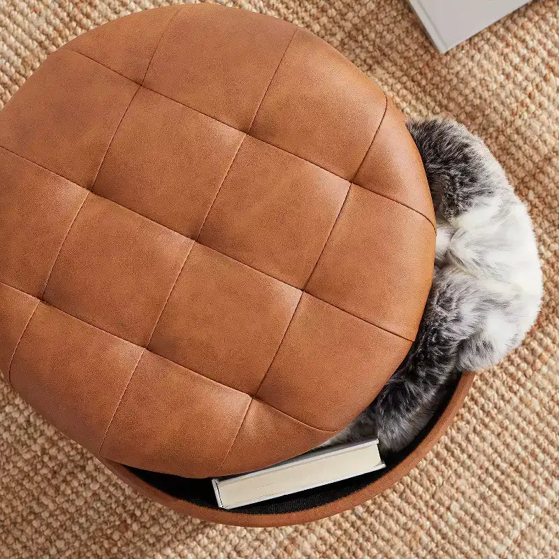 Ornavo Home Faux Leather Upholstered Round Tufted Storage Ottoman with Wooden Legs