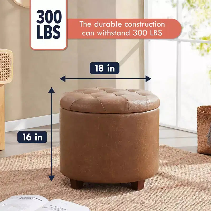 Ornavo Home Faux Leather Upholstered Round Tufted Storage Ottoman with Wooden Legs