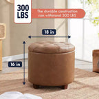 Pouf Contenitore Rotondo Capitonné con Coperchio Sollevabile, Rivestimento in Similpelle e Gambe in Legno