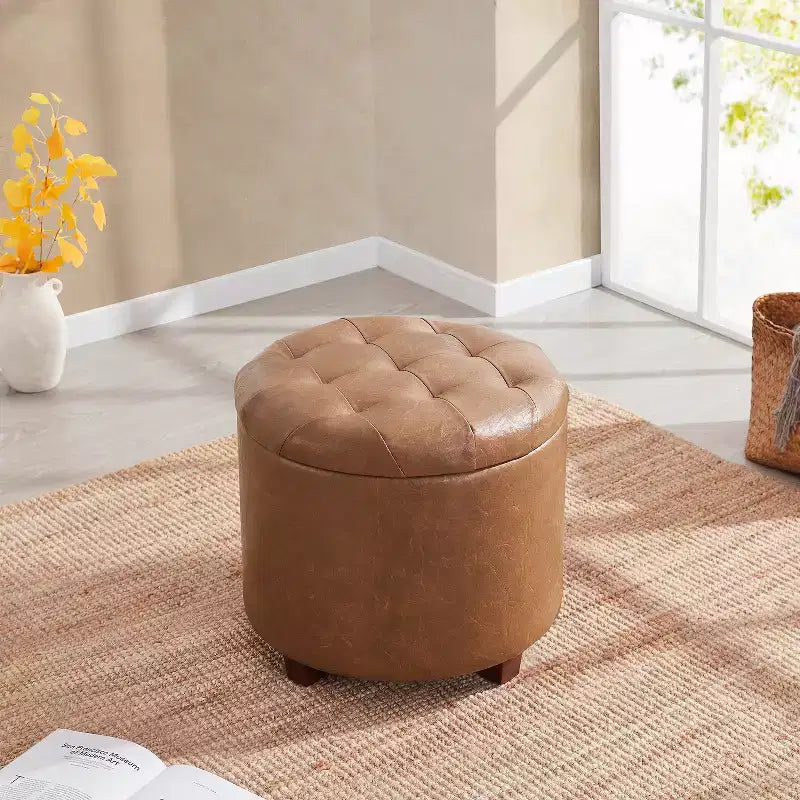 Ornavo Home Faux Leather Upholstered Round Tufted Storage Ottoman with Wooden Legs