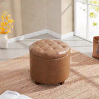 Pouf Contenitore Rotondo Capitonné con Coperchio Sollevabile, Rivestimento in Similpelle e Gambe in Legno