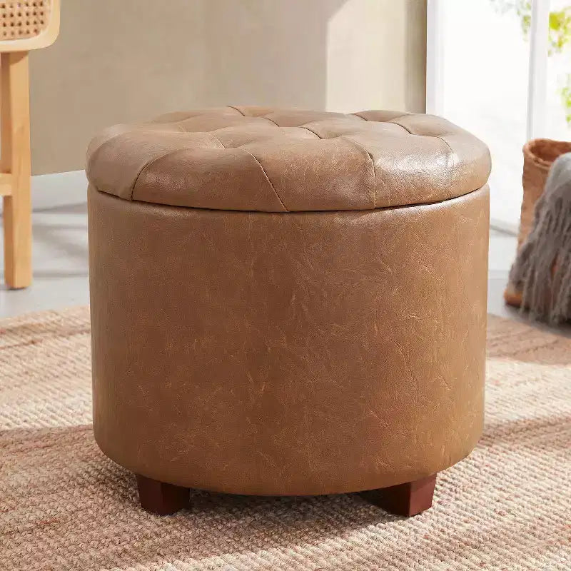 Ornavo Home Faux Leather Upholstered Round Tufted Storage Ottoman with Wooden Legs