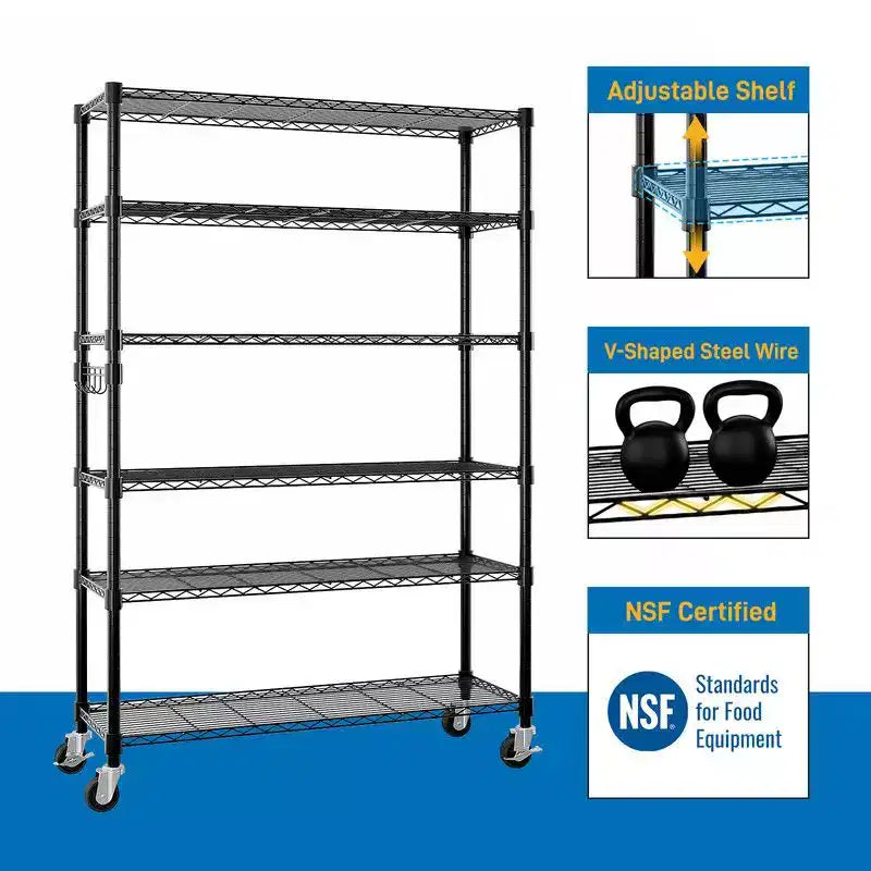 MDF 6-Shelf Height-Adjustable Shelving Unit with Wheels 46''x81.9''