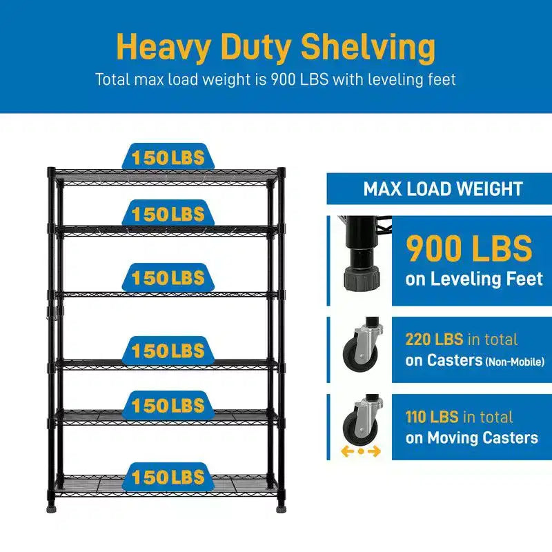 MDF 6-Shelf Height-Adjustable Shelving Unit with Wheels 46''x81.9''