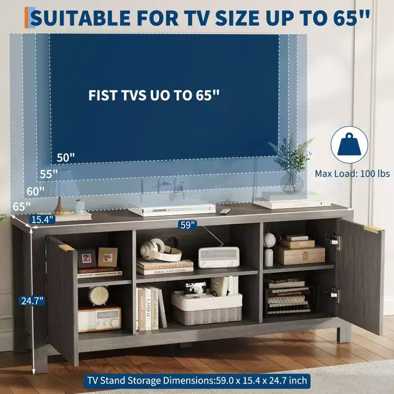 Wood Fluted TV Stand with Storage Cabinets for TVs up to 65''