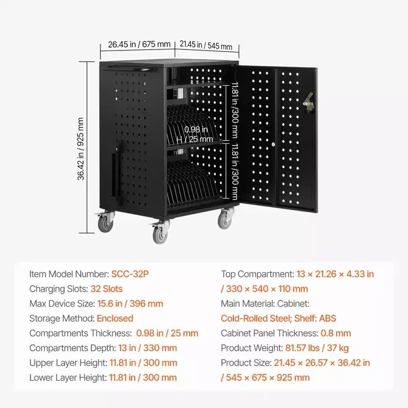 Metal 32-Device Mobile Charging Cart for Laptops up to 15.6''