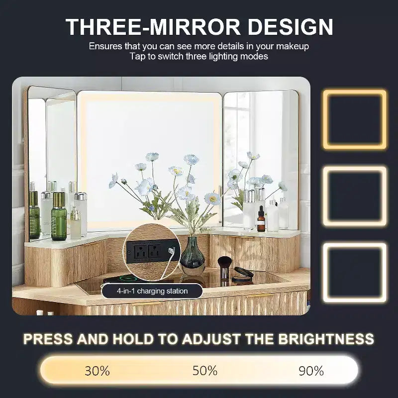 Wood Composite Corner Makeup Vanity Desk with LED Mirror and Charging Station 48''