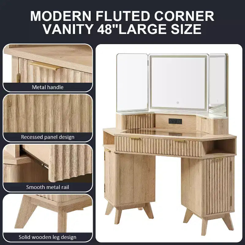 Wood Composite Corner Makeup Vanity Desk with LED Mirror and Charging Station 48''