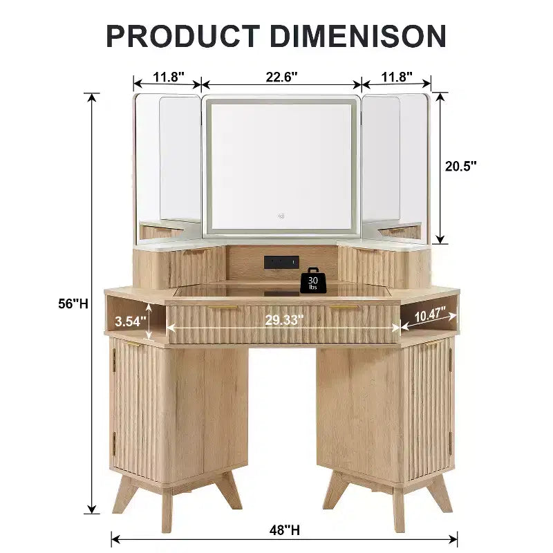 Wood Composite Corner Makeup Vanity Desk with LED Mirror and Charging Station 48''