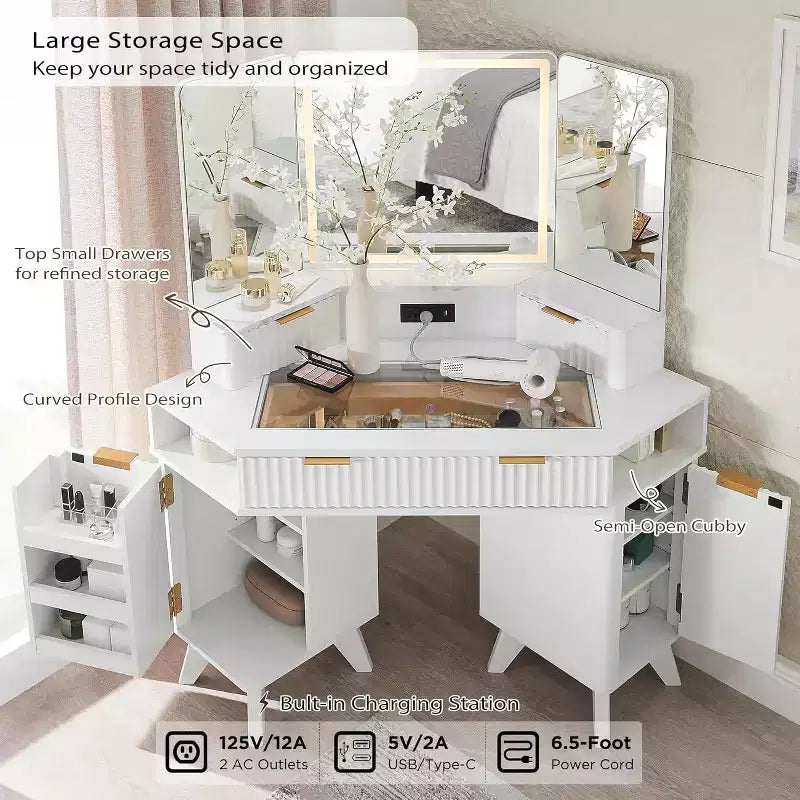 Wood Composite Corner Makeup Vanity Desk with LED Mirror and Charging Station 48''