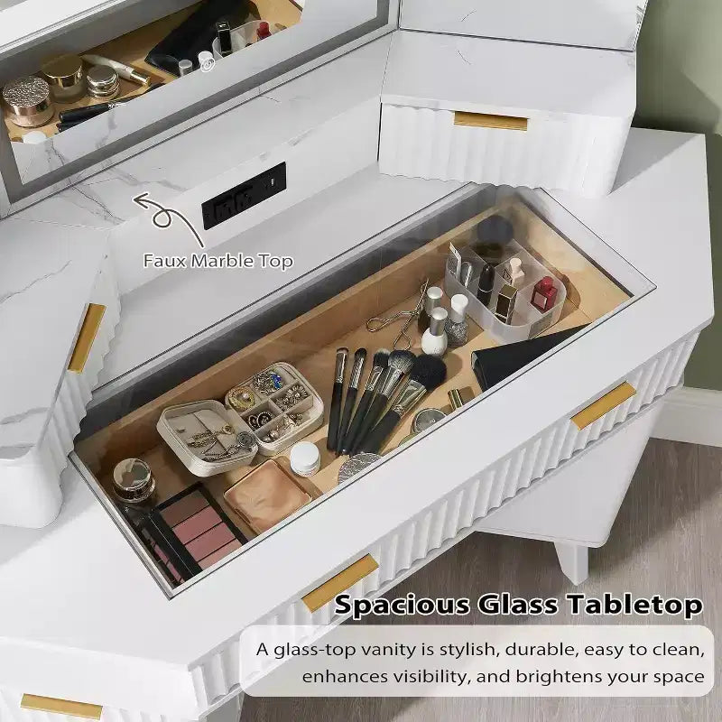 Wood Composite Corner Makeup Vanity Desk with LED Mirror and Charging Station 48''