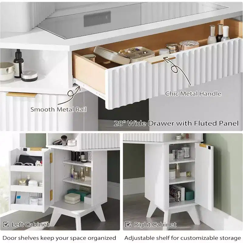 Wood Composite Corner Makeup Vanity Desk with LED Mirror and Charging Station 48''