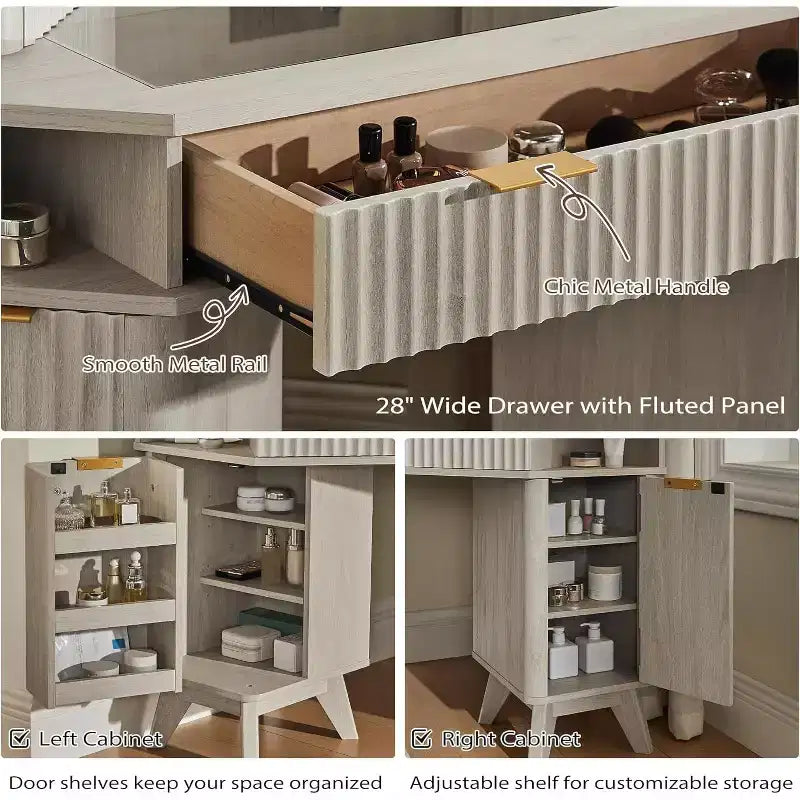 Wood Composite Corner Makeup Vanity Desk with LED Mirror and Charging Station 48''