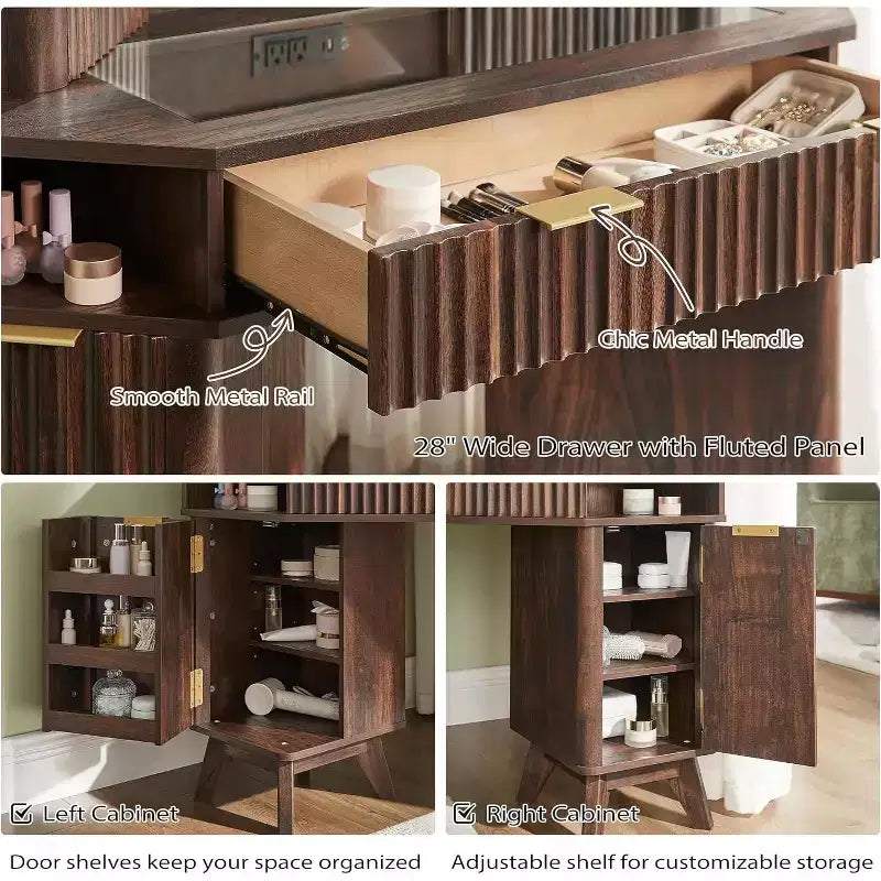 Wood Composite Corner Makeup Vanity Desk with LED Mirror and Charging Station 48''