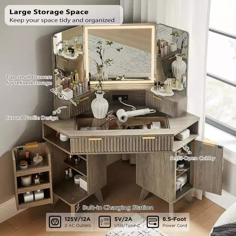 Wood Composite Corner Makeup Vanity Desk with LED Mirror and Charging Station 48''