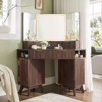 Corner Makeup Vanity Desk with LED Mirror & Charging Station, 48 Fluted Vanity Table with Glass Top & Storage Cabinets