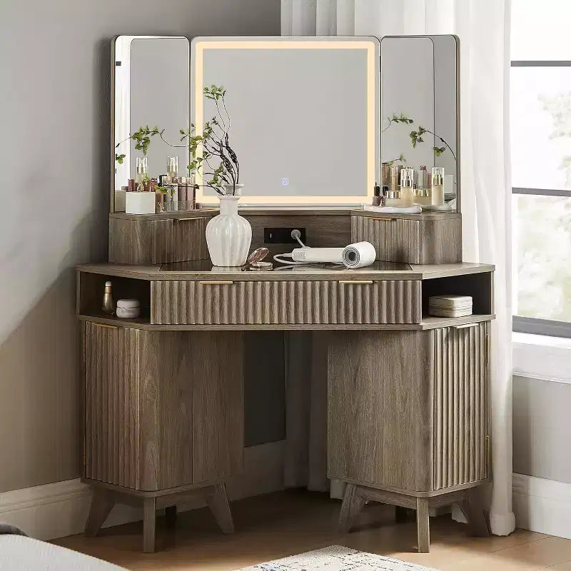 Wood Composite Corner Makeup Vanity Desk with LED Mirror and Charging Station 48''