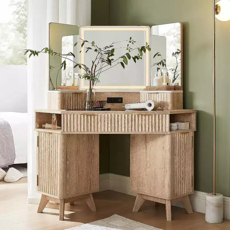 Wood Composite Corner Makeup Vanity Desk with LED Mirror and Charging Station 48''