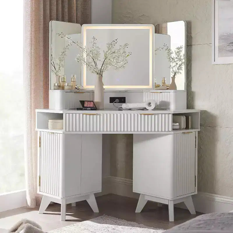 Wood Composite Corner Makeup Vanity Desk with LED Mirror and Charging Station 48''
