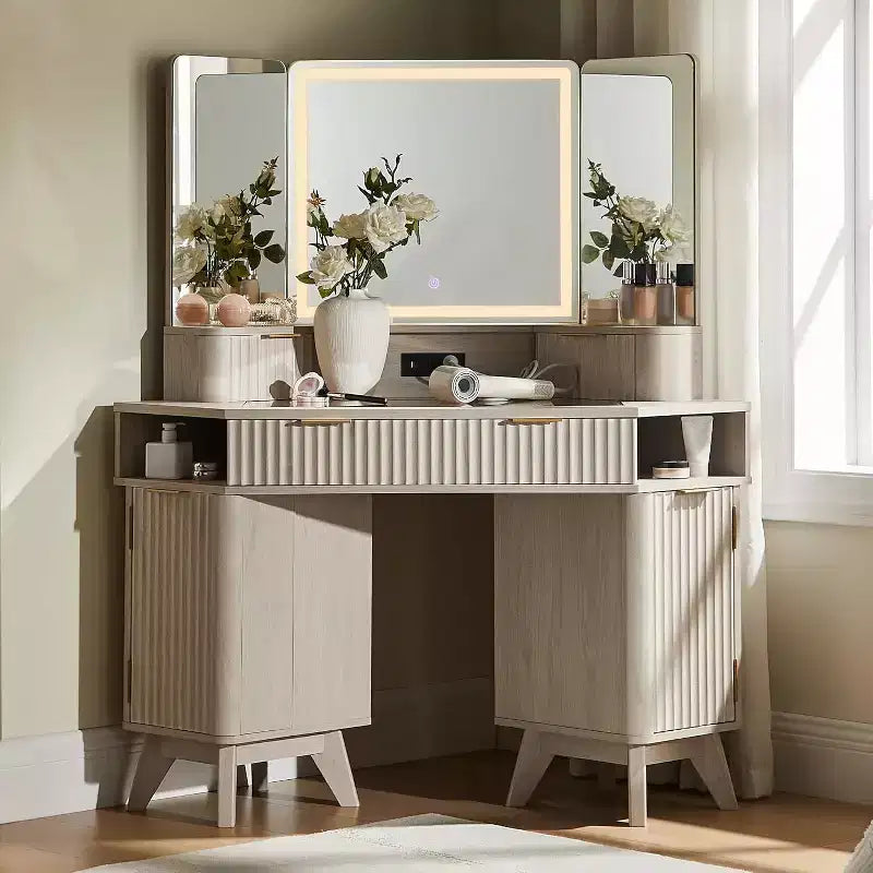 Wood Composite Corner Makeup Vanity Desk with LED Mirror and Charging Station 48''