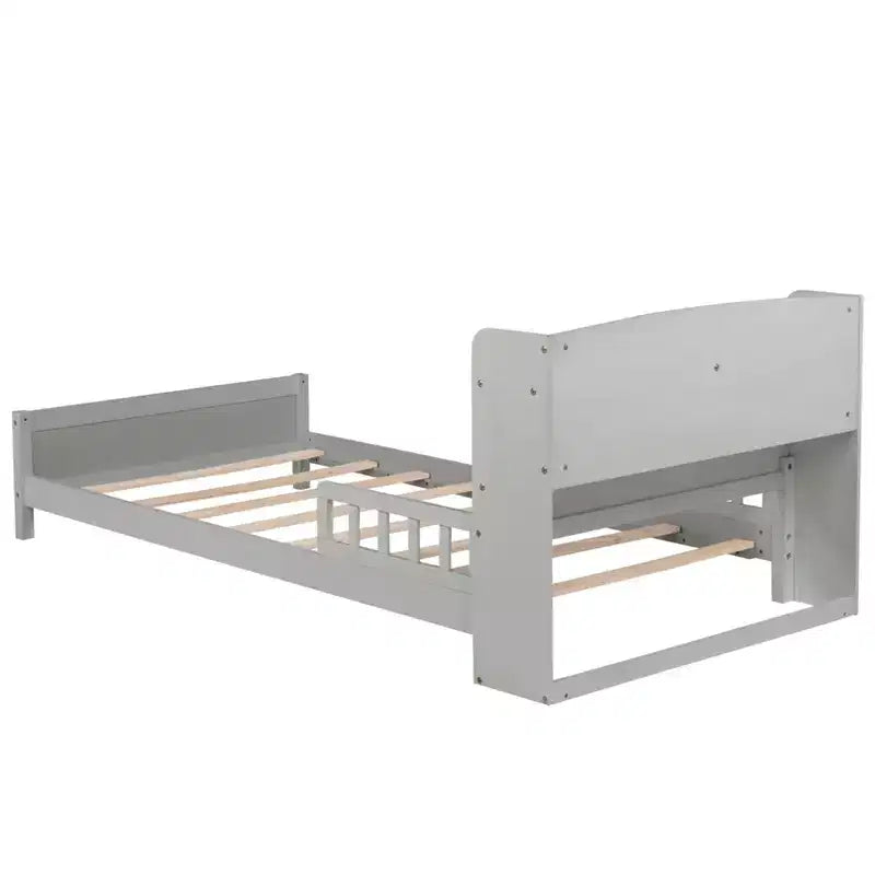 Pine Wood Twin Kids Bed with Bookcase Headboard and Motion Sensor LED