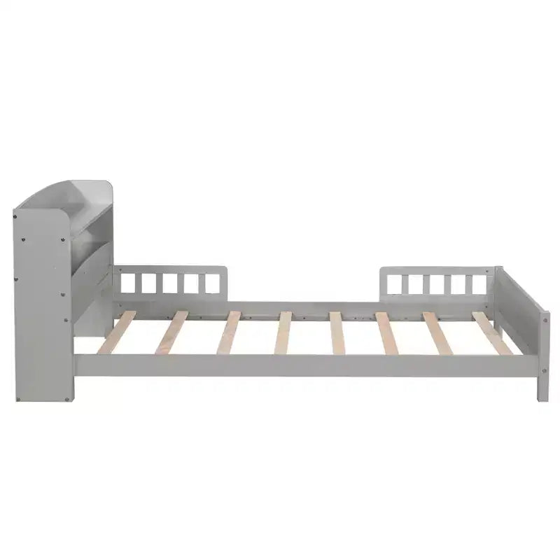 Pine Wood Twin Kids Bed with Bookcase Headboard and Motion Sensor LED