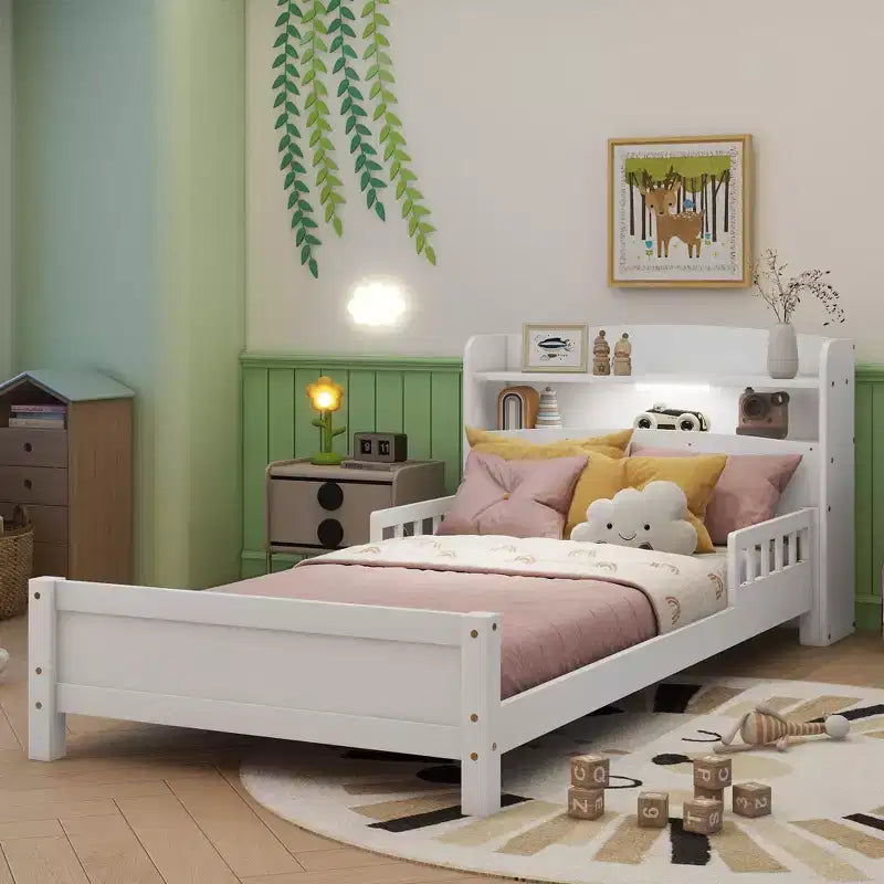 Pine Wood Twin Kids Bed with Bookcase Headboard and Motion Sensor LED