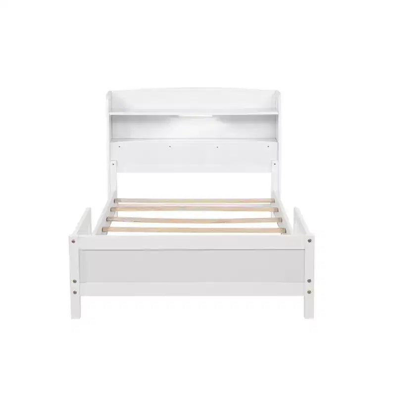 Pine Wood Twin Kids Bed with Bookcase Headboard and Motion Sensor LED