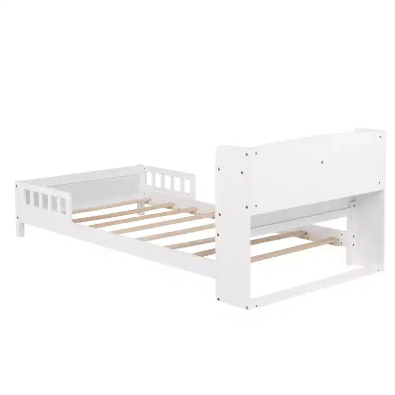 Pine Wood Twin Kids Bed with Bookcase Headboard and Motion Sensor LED