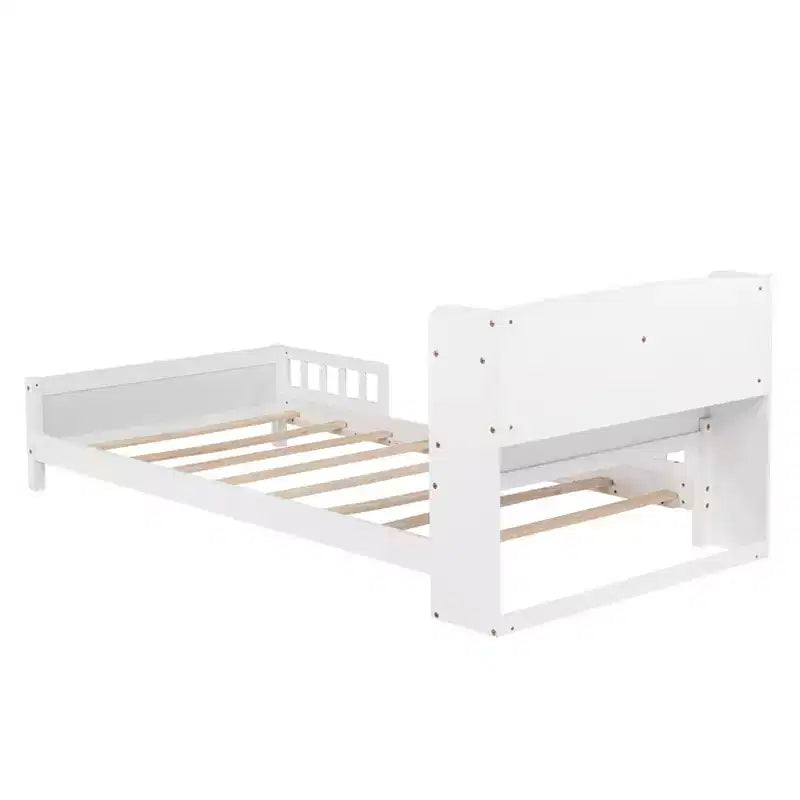 Pine Wood Twin Kids Bed with Bookcase Headboard and Motion Sensor LED