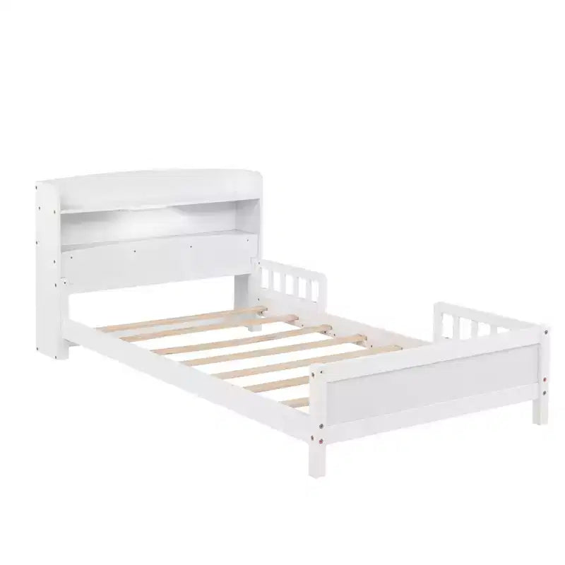 Pine Wood Twin Kids Bed with Bookcase Headboard and Motion Sensor LED