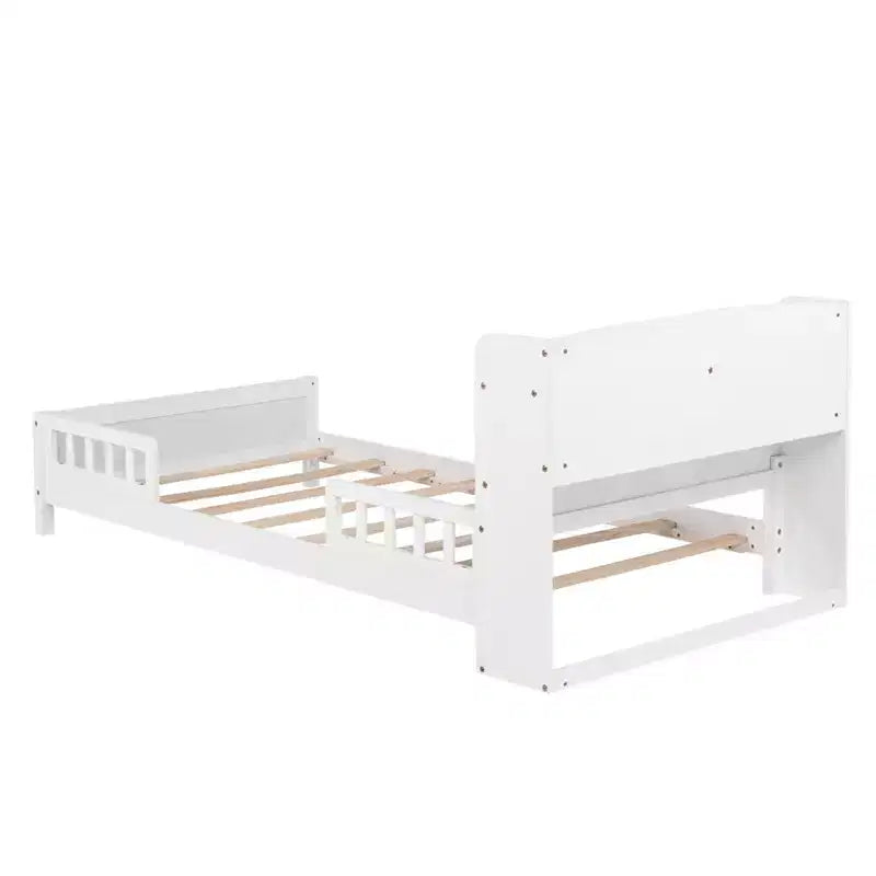Pine Wood Twin Kids Bed with Bookcase Headboard and Motion Sensor LED