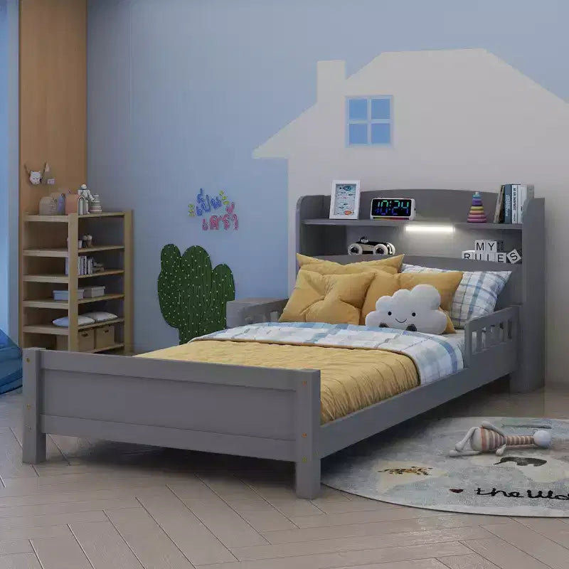 Pine Wood Twin Kids Bed with Bookcase Headboard and Motion Sensor LED