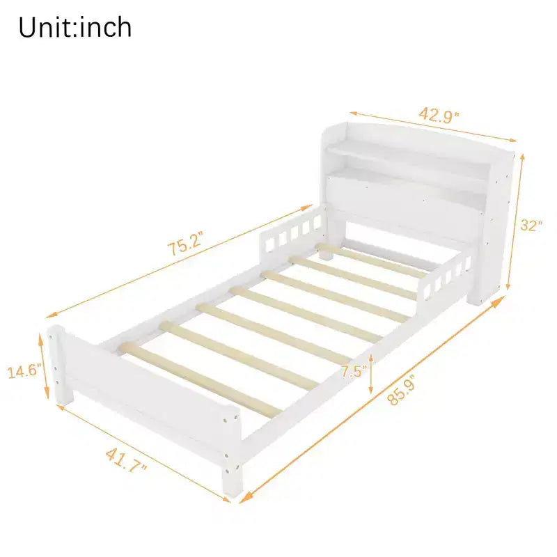 Pine Wood Twin Kids Bed with Bookcase Headboard and Motion Sensor LED