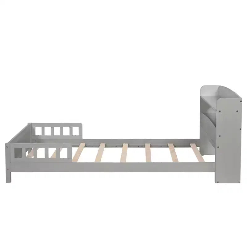 Pine Wood Twin Kids Bed with Bookcase Headboard and Motion Sensor LED