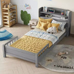 Whisen Twin Pine Wood Bed with Bookcase Headboard & Motion Sensor LED - Adjustable Guardrails, Safe & Stylish Kids Bed
