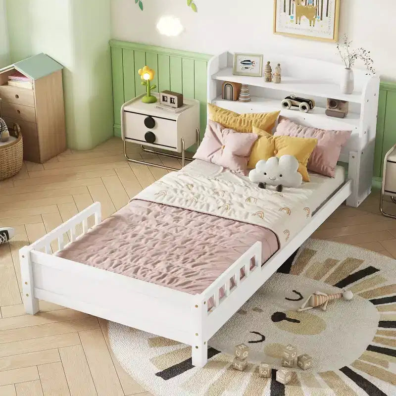 Pine Wood Twin Kids Bed with Bookcase Headboard and Motion Sensor LED