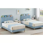 Letto a piattaforma per bambini imbottito in velluto con testiera contenitore