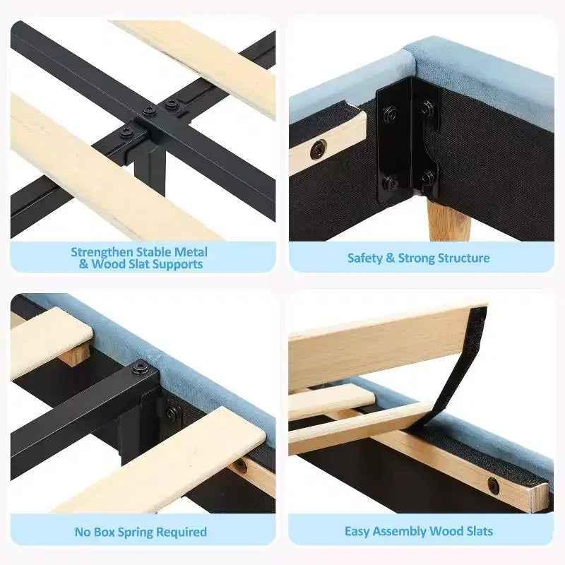 Velvet Upholstered Kids Platform Bed with Storage Headboard