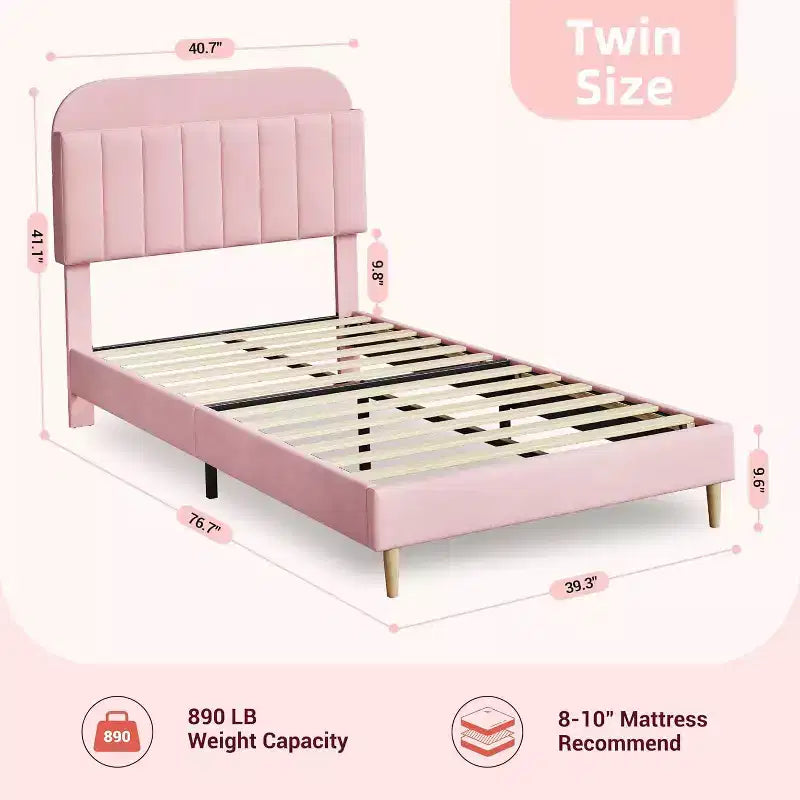 Velvet Upholstered Kids Platform Bed with Storage Headboard
