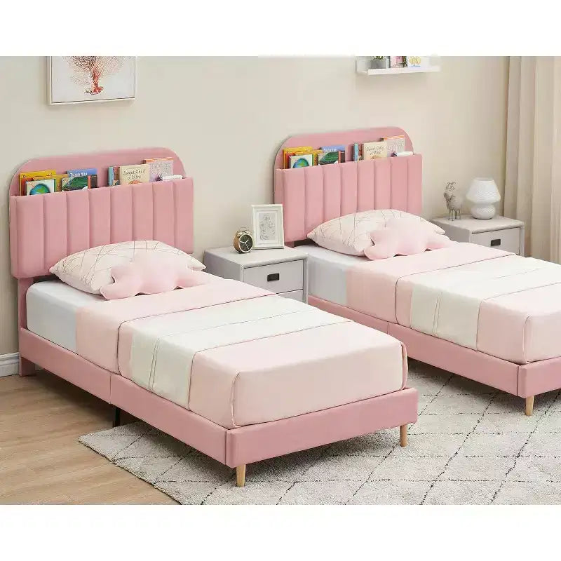 Velvet Upholstered Kids Platform Bed with Storage Headboard