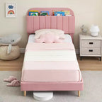 Letto a piattaforma per bambini imbottito in velluto con testiera contenitore
