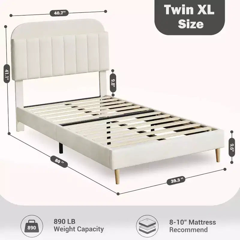 Velvet Upholstered Kids Platform Bed with Storage Headboard