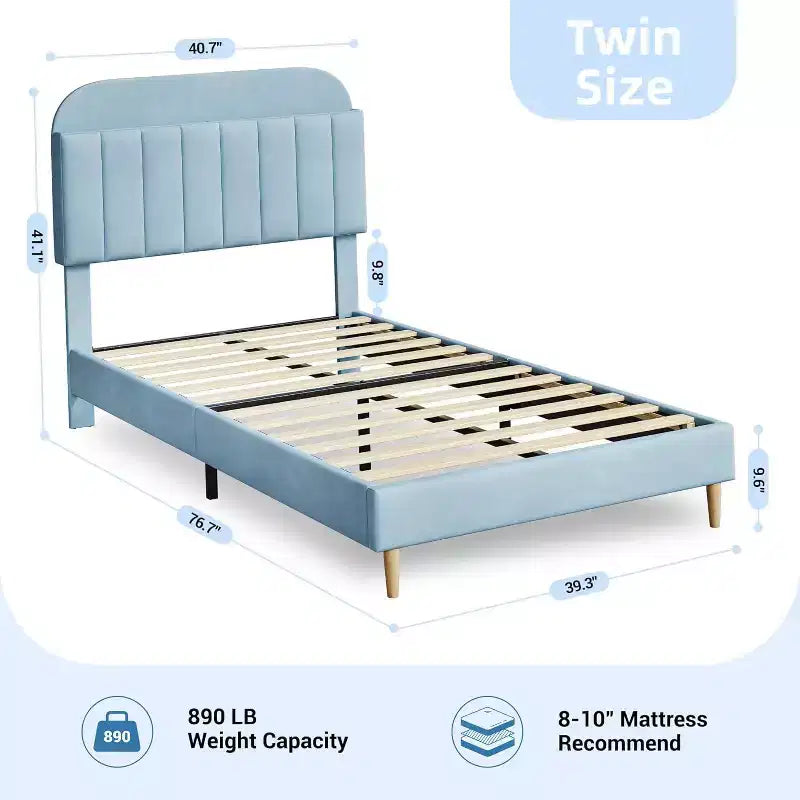 Velvet Upholstered Kids Platform Bed with Storage Headboard