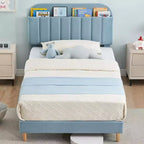 Letto a piattaforma per bambini imbottito in velluto con testiera contenitore