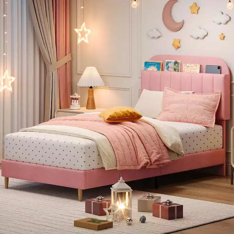 Velvet Upholstered Kids Platform Bed with Storage Headboard