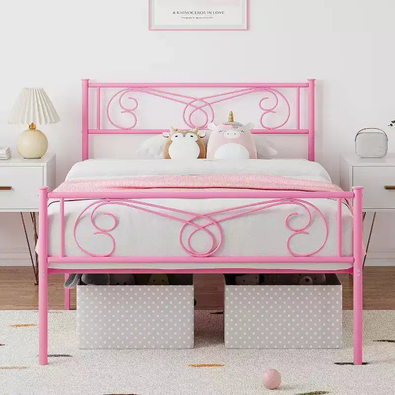 Metal Platform Bed Frame with Iron-Art Headboard and Footboard