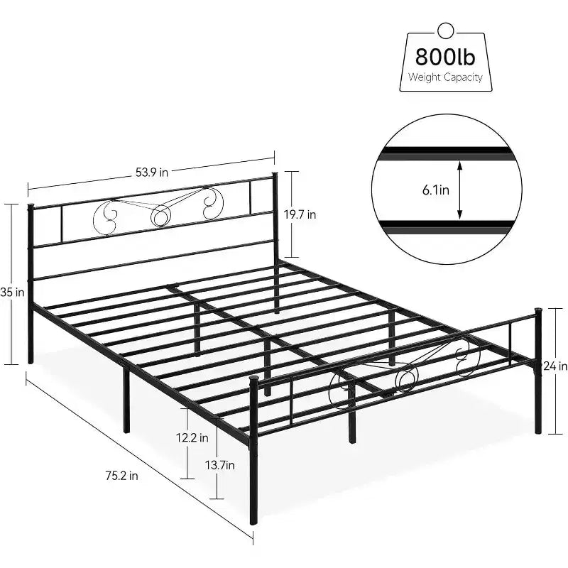 Metal Platform Bed Frame with Iron-Art Headboard and Footboard