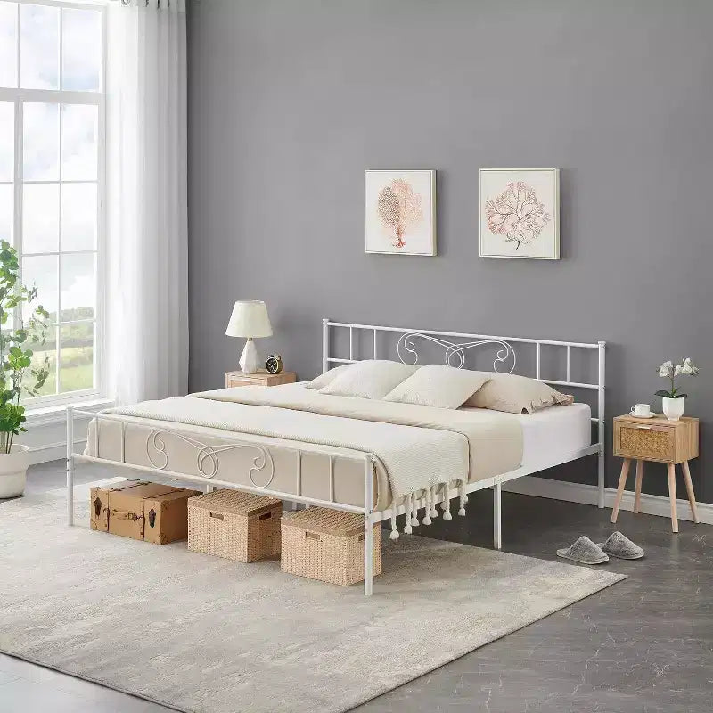 Metal Platform Bed Frame with Iron-Art Headboard and Footboard