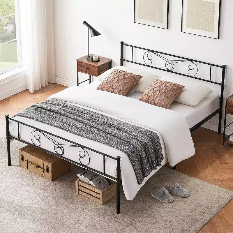 Metal Platform Bed Frame with Iron-Art Headboard and Footboard
